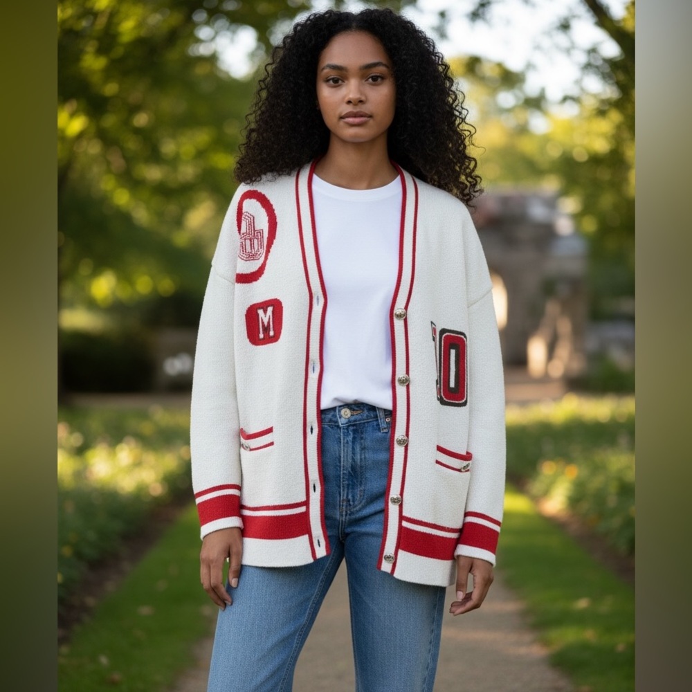 Maje White and Red Varsity Sweater Jacket